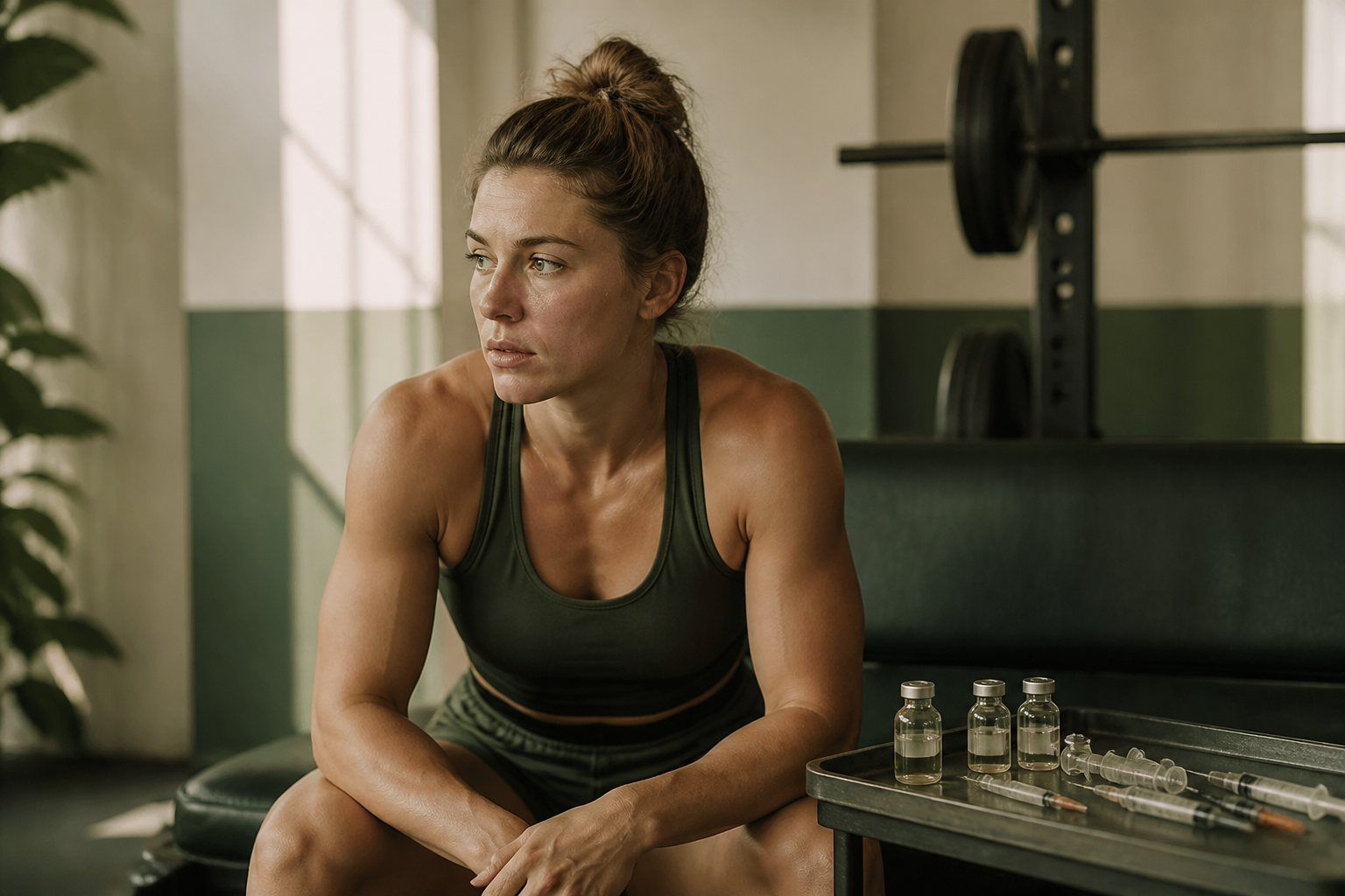 Athlete on bench with peptide vials and syringes on tray, warm natural light, clinical yet calm setting.