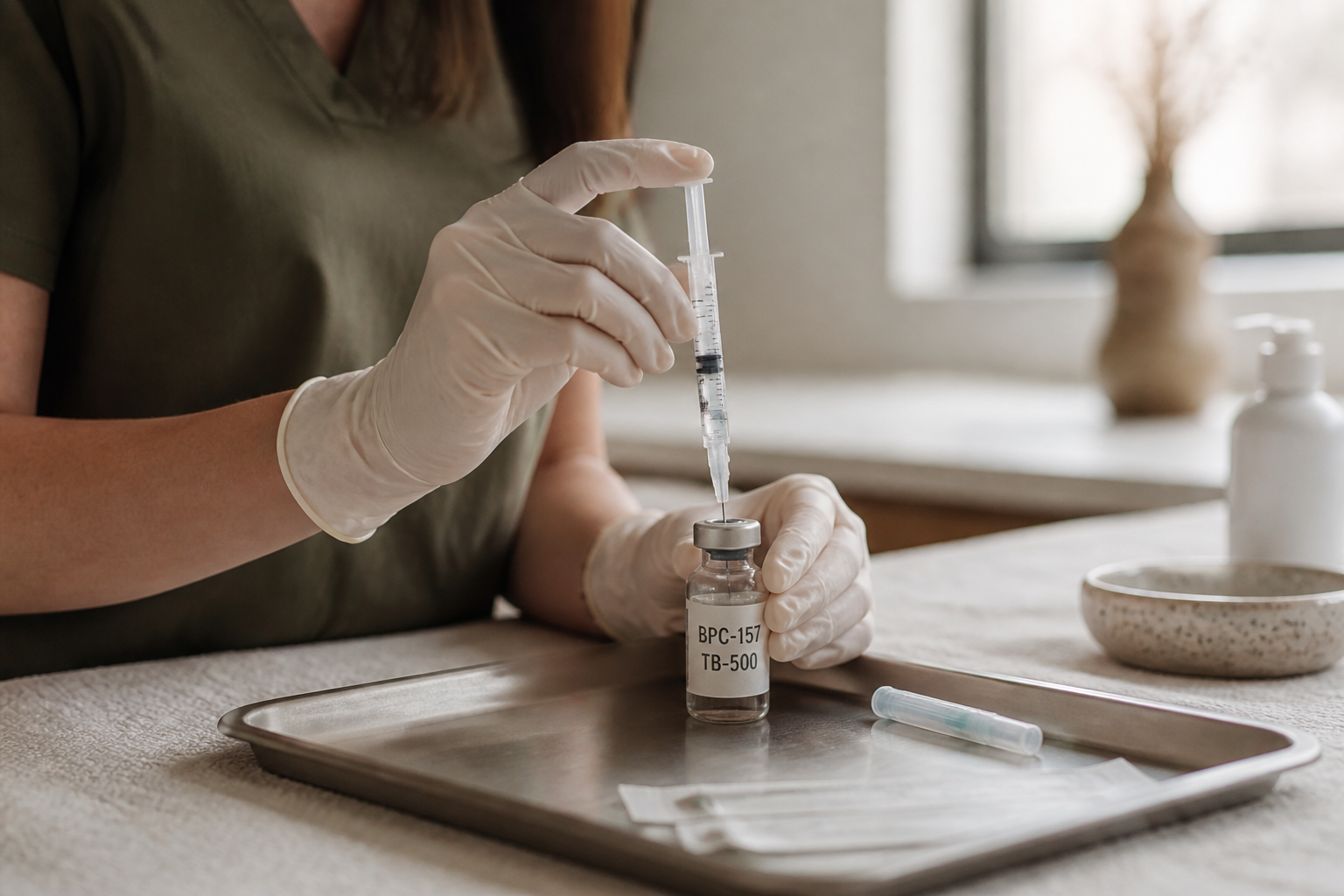 Clinician drawing peptide into syringe from labeled vial, sterile tray visible, warm natural light.