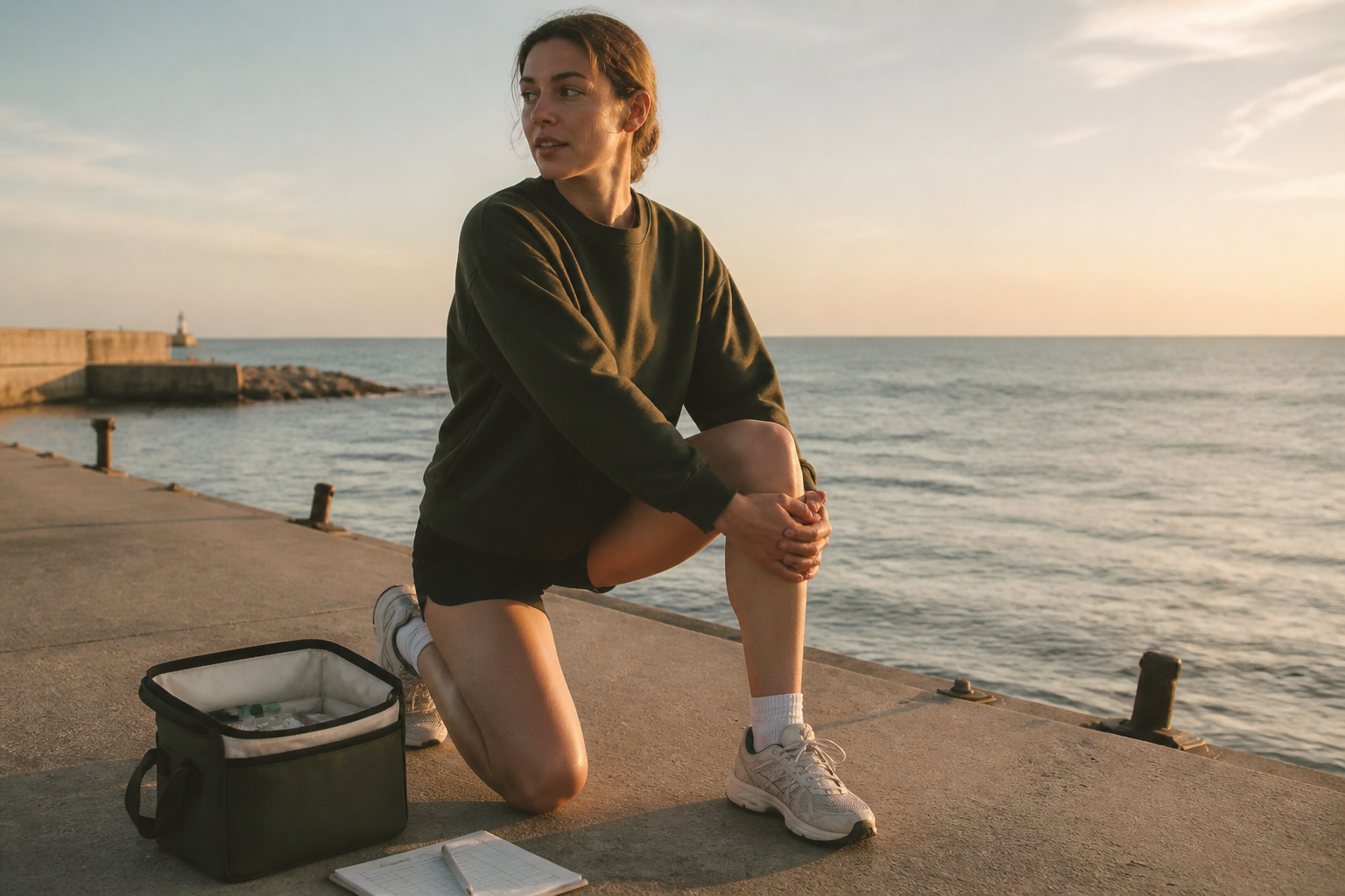 Person stretching at sunrise with peptide cooler bag and dosing logbook on pier, warm light.