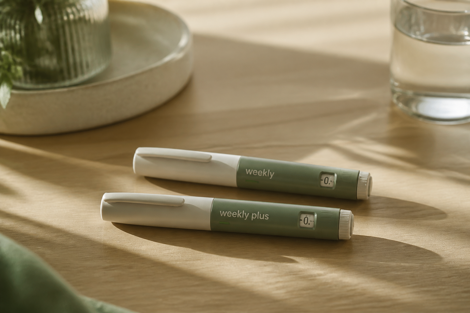 Two weekly injection pens on a wooden table representing different weight-loss drugs, soft natural light, warm neutral colors.