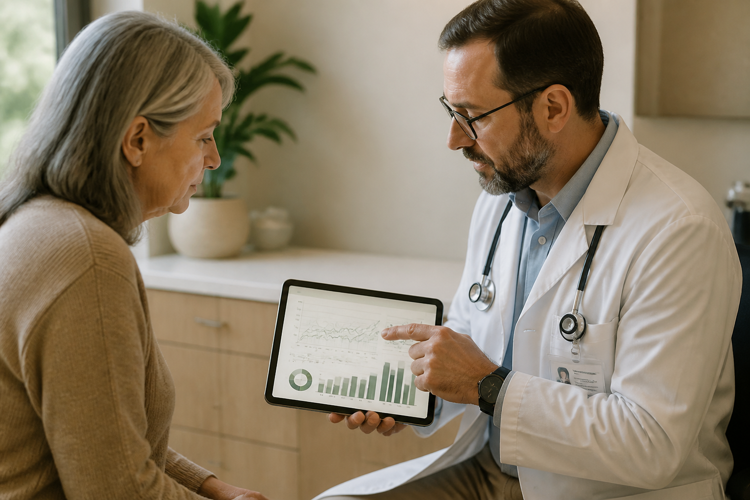 Physician showing weight-loss trial graphs on a tablet to a patient during a consultation