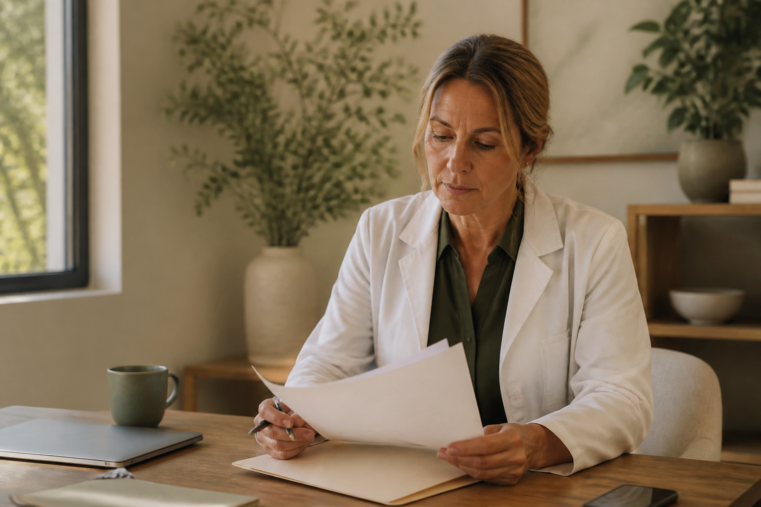 Clinician reviewing patient notes in warm natural light, symbolizing practical guidance on medication side effects