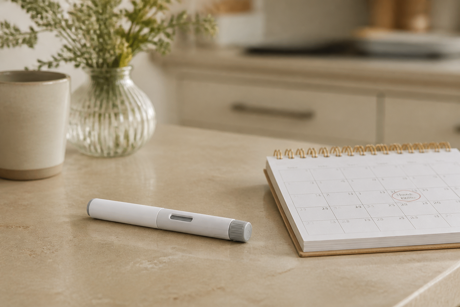 Injection pen beside a calendar showing a weekly schedule, representing a semaglutide dosing timeline