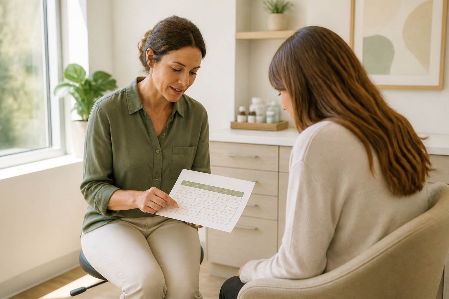 Clinician and patient reviewing a weekly semaglutide dose calendar in a warm, sunlit clinic room.