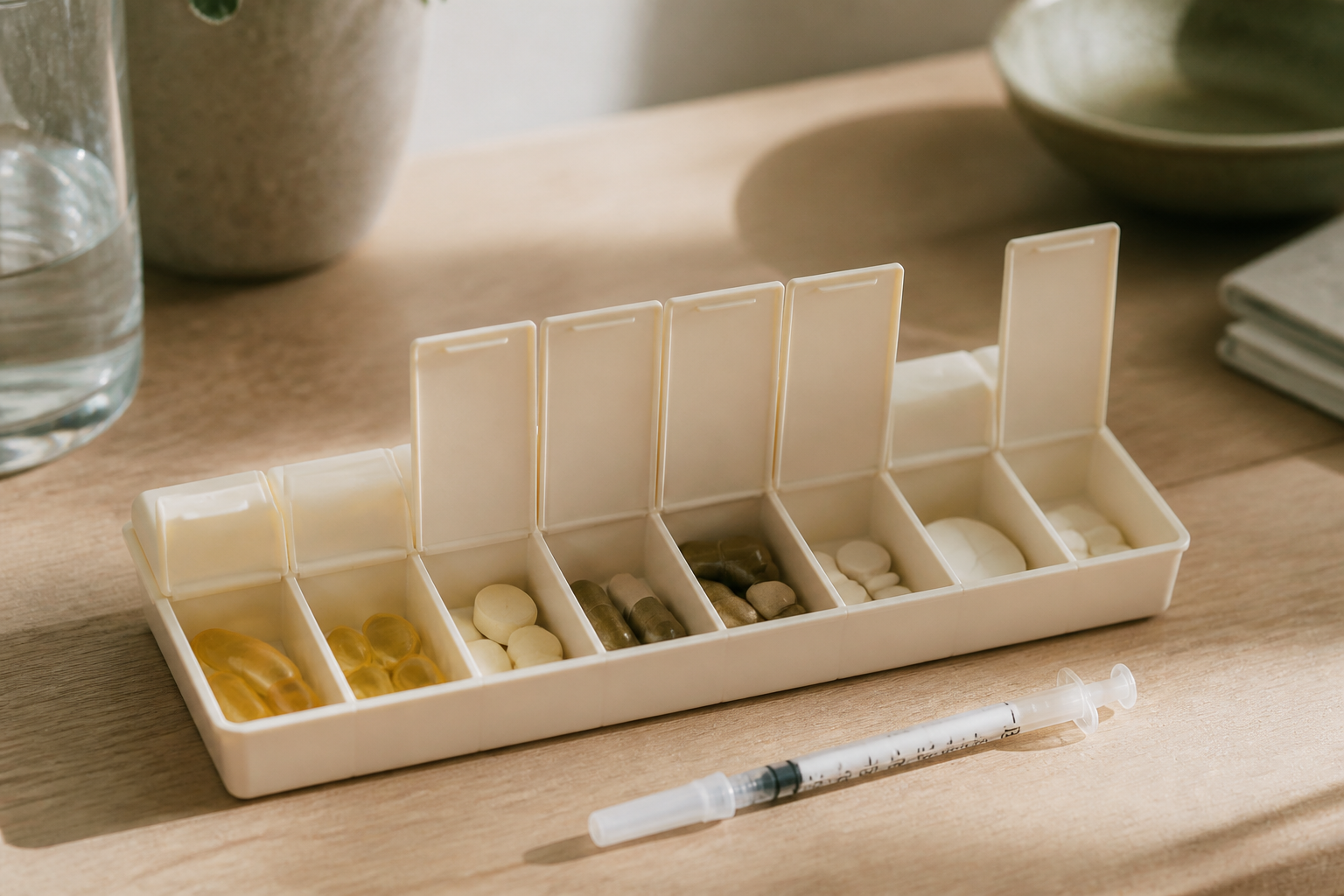 Weekly injection box and syringe on a wooden table, natural light, showing medication routine.