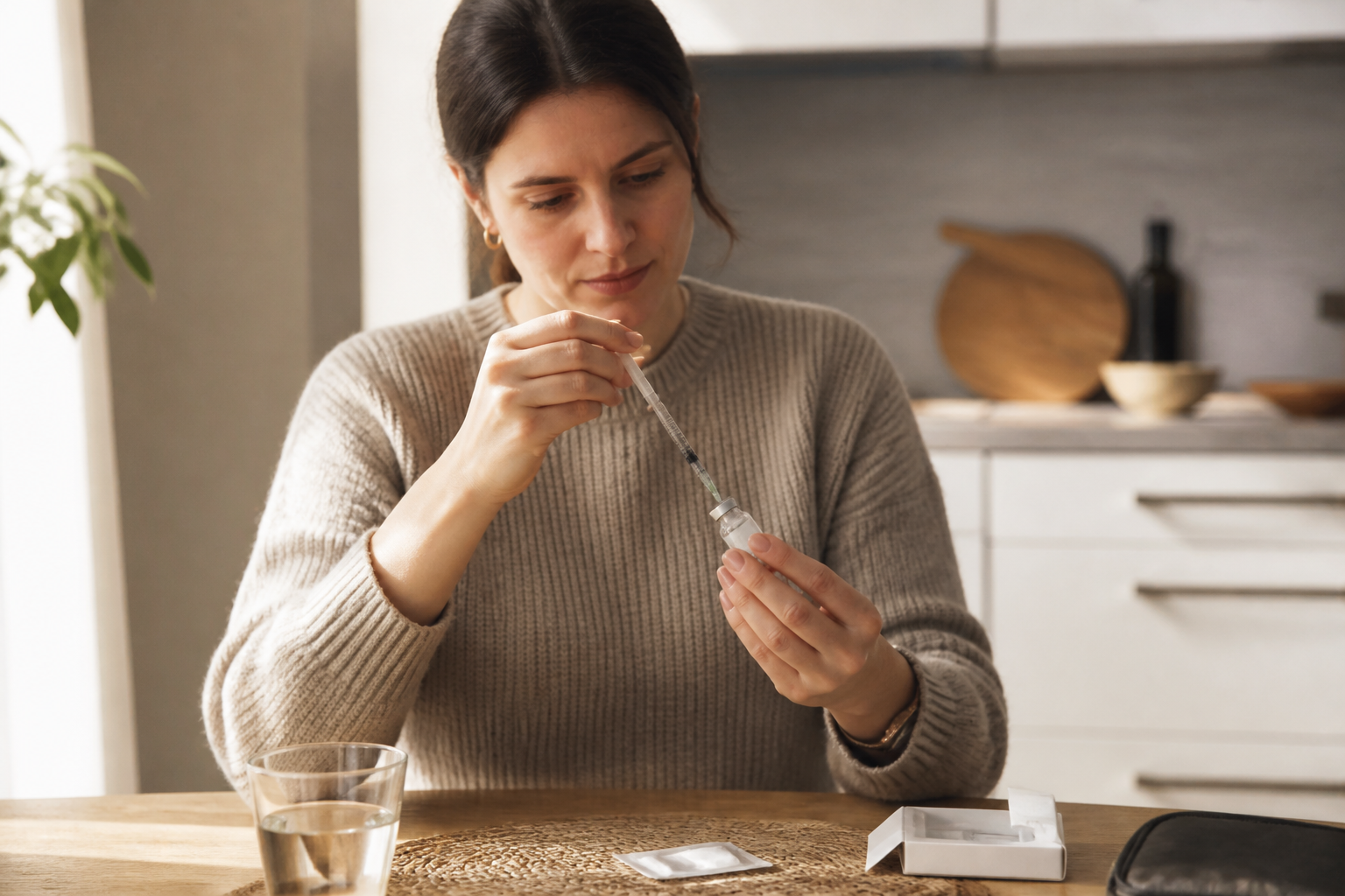Person at a kitchen table preparing a weekly semaglutide injection vial with natural morning light and muted tones.
