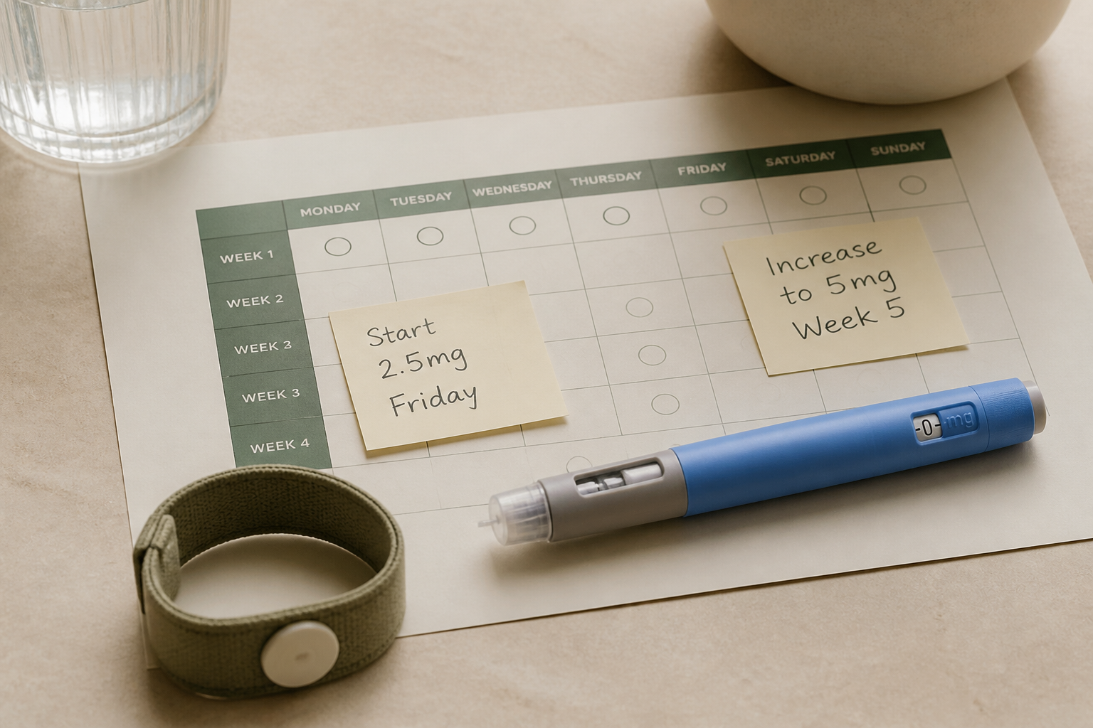Weekly dosing calendar with an injection pen and wrist acupressure band to show scheduling strategies.